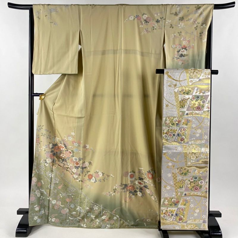 付下げ 身丈169cm 裄丈66cm M 袷 袋帯セット 花車 草花 金彩 付下げ 身丈169cm 裄丈66cm M 袷 袋帯セット 花車 草花 金彩