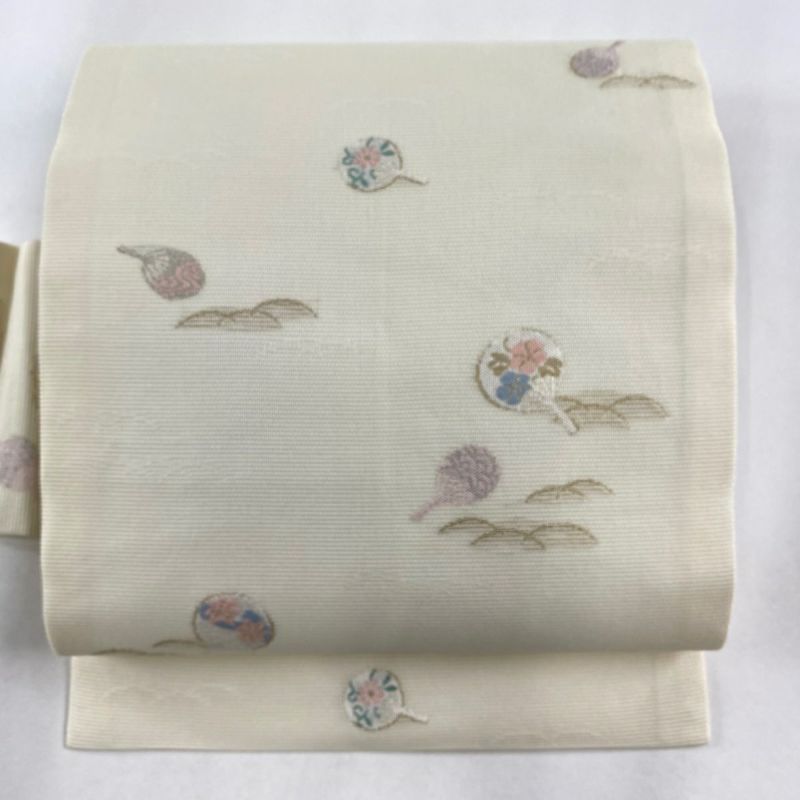 名古屋帯 美品 秀品 夏帯 うちわ 草花 金銀糸 クリーム 正絹