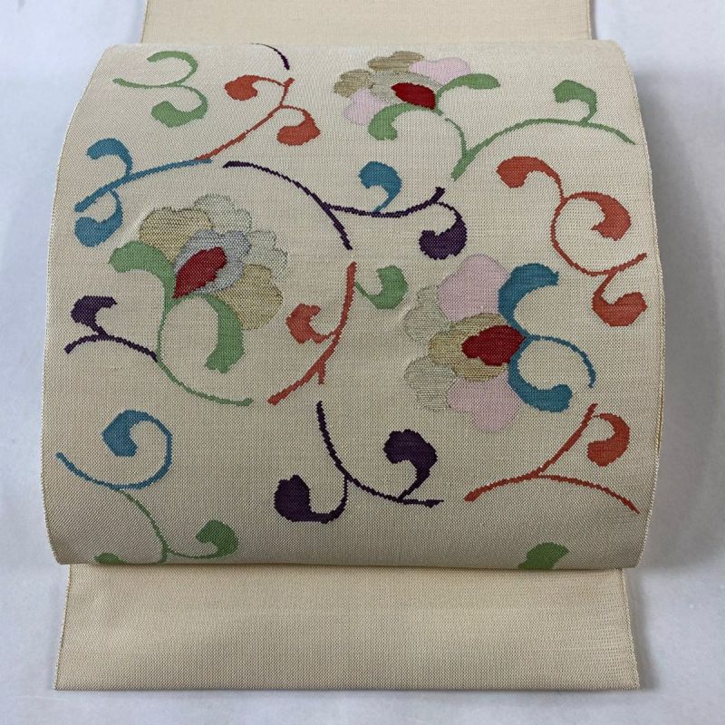 名古屋帯 秀品 八寸名古屋帯 松葉仕立て 花唐草 金銀糸 ベージュ 名古屋帯 秀品 八寸名古屋帯 松葉仕立て 花唐草 金銀糸 ベージュ