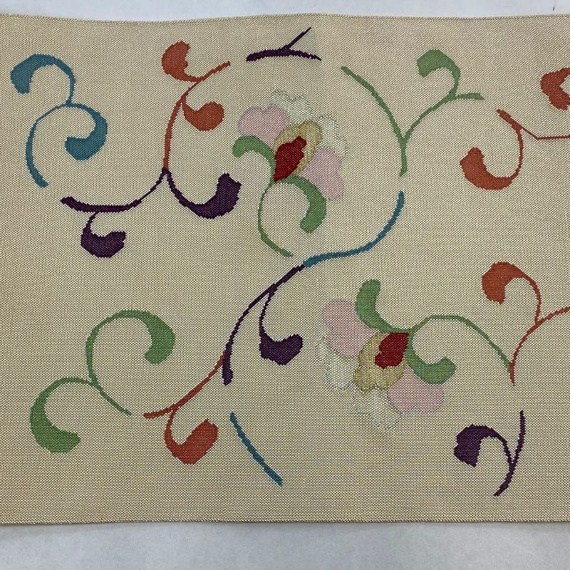 名古屋帯 秀品 八寸名古屋帯 松葉仕立て 花唐草 金銀糸 ベージュ 名古屋帯 秀品 八寸名古屋帯 松葉仕立て 花唐草 金銀糸 ベージュ