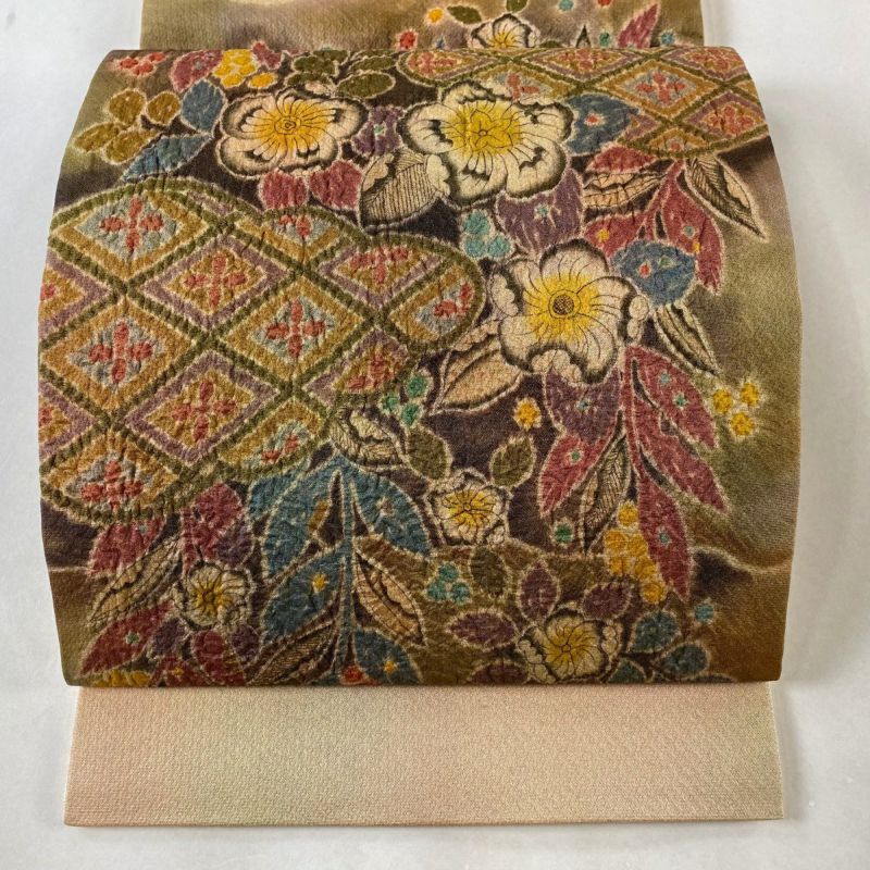 袋帯 美品 秀品 草花 雲文 絞り 茶色 お太鼓柄 正絹|中古・古着 袋帯 美品 秀品 草花 雲文 絞り 茶色 お太鼓柄 正絹|中古・古着