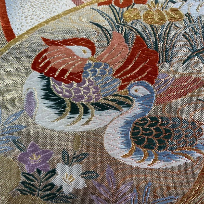 袋帯 美品 秀品 振袖向き 九百佐賀錦 束熨斗 花鳥 金糸 箔 茜色 袋帯 美品 秀品 振袖向き 九百佐賀錦 束熨斗 花鳥 金糸 箔 茜色