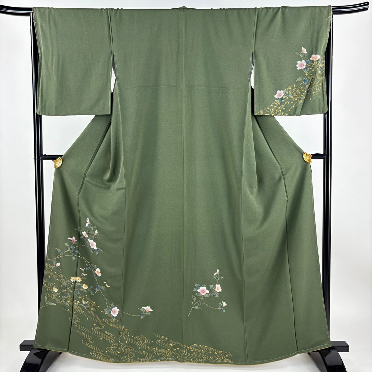 付下げ 身丈162cm 裄丈67cm M 袷 扇面 椿 金彩 ぼかし 墨色 正絹 名品