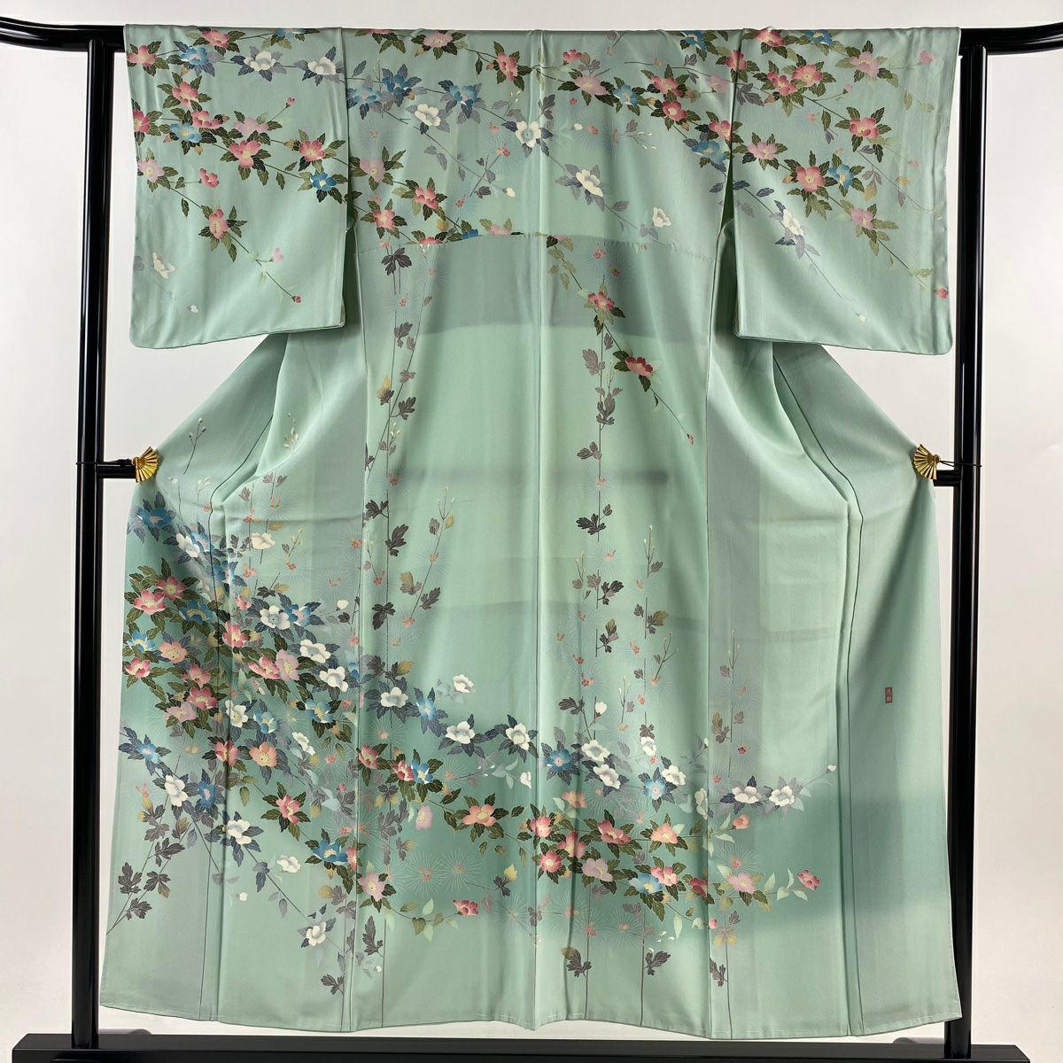 美品】 小紋 身丈161.5cm 裄丈64.5cm M 袷 椿 枝花 ぼかし 薄緑 正絹
