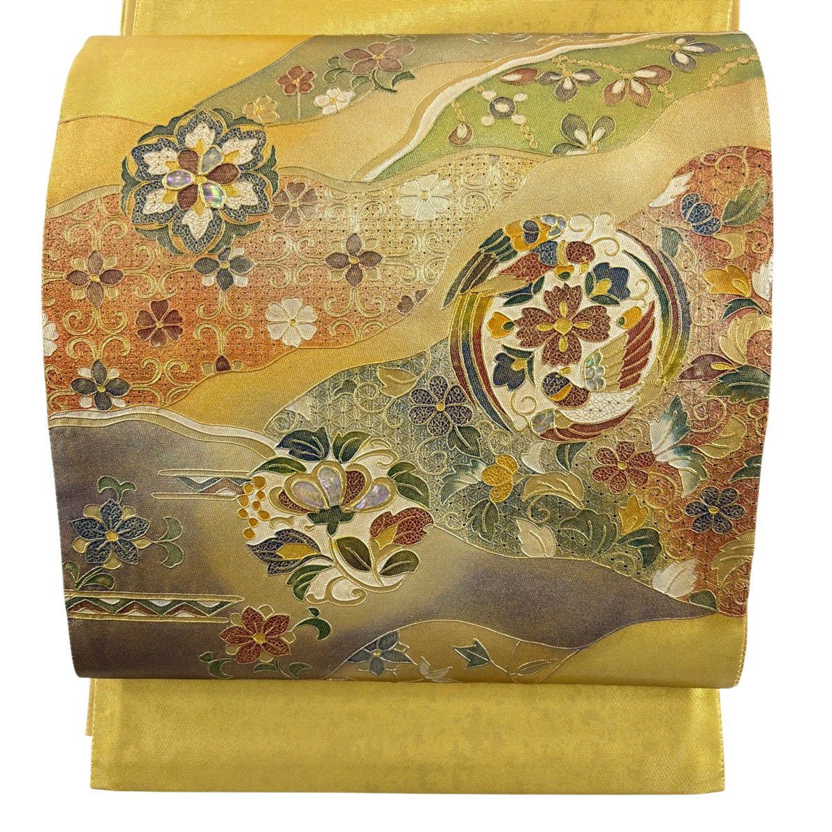 美品】 袋帯 名品 鳥 草花 螺鈿 箔 金色 お太鼓柄 正絹｜中古・古着