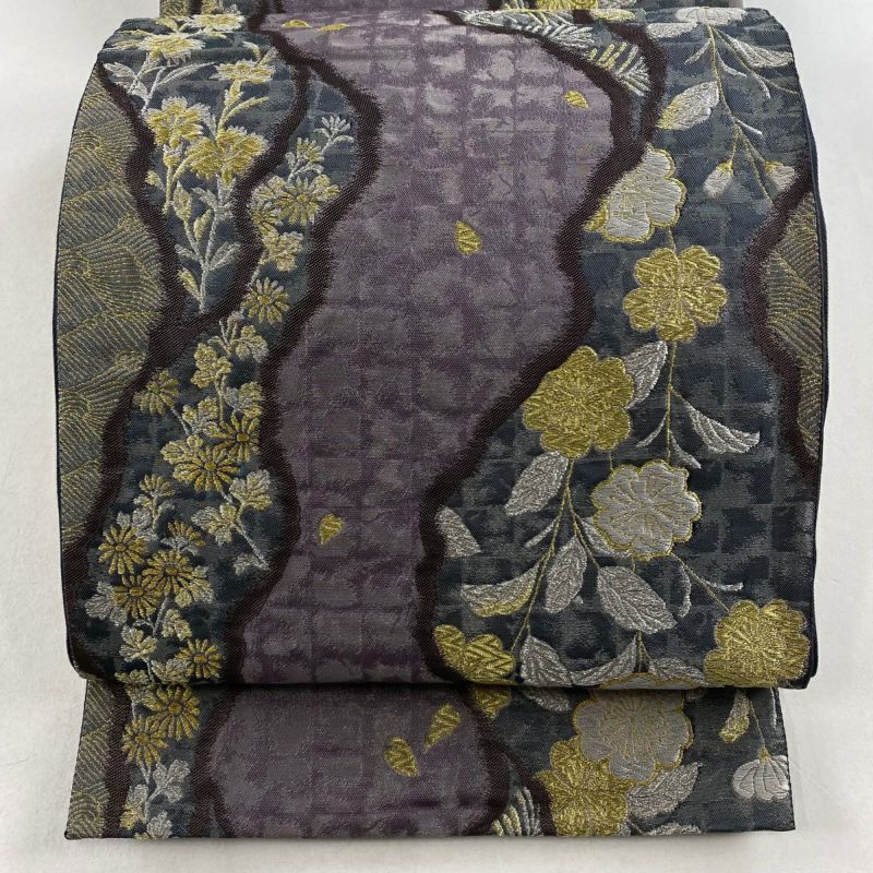 袋帯 美品 秀品 枝垂れ桜 草花 金銀糸 箔 紫 六通 正絹｜中古
