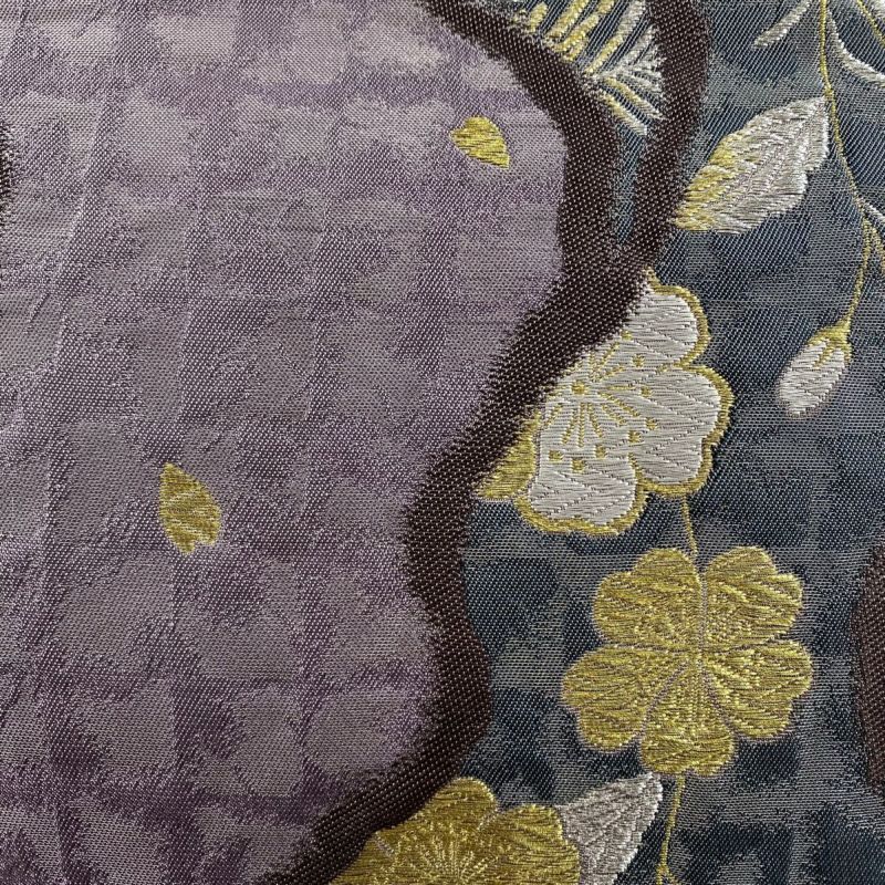 袋帯 美品 秀品 枝垂れ桜 草花 金銀糸 箔 紫 六通 正絹|中古 袋帯 美品 秀品 枝垂れ桜 草花 金銀糸 箔 紫 六通 正絹|中古
