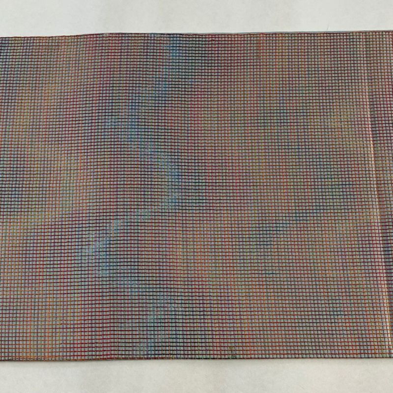 袋帯 秀品 格子 幾何学 ぼかし 刺繍 青灰色 六通 正絹|中古 袋帯 秀品 格子 幾何学 ぼかし 刺繍 青灰色 六通 正絹|中古
