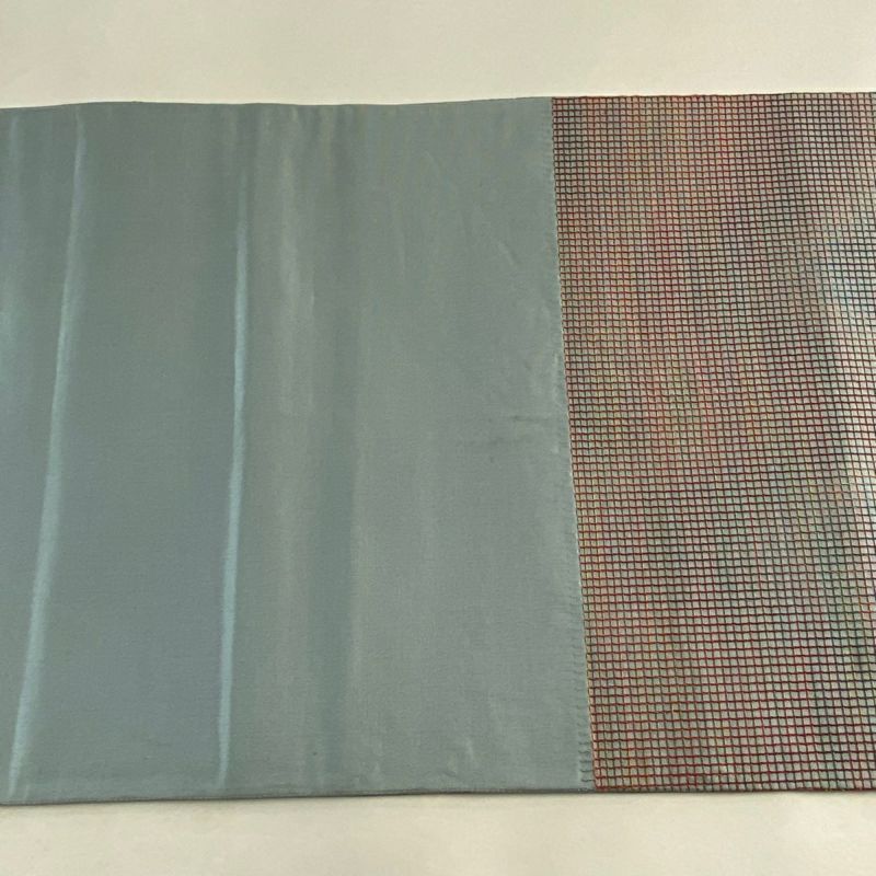 袋帯 秀品 格子 幾何学 ぼかし 刺繍 青灰色 六通 正絹|中古 袋帯 秀品 格子 幾何学 ぼかし 刺繍 青灰色 六通 正絹|中古