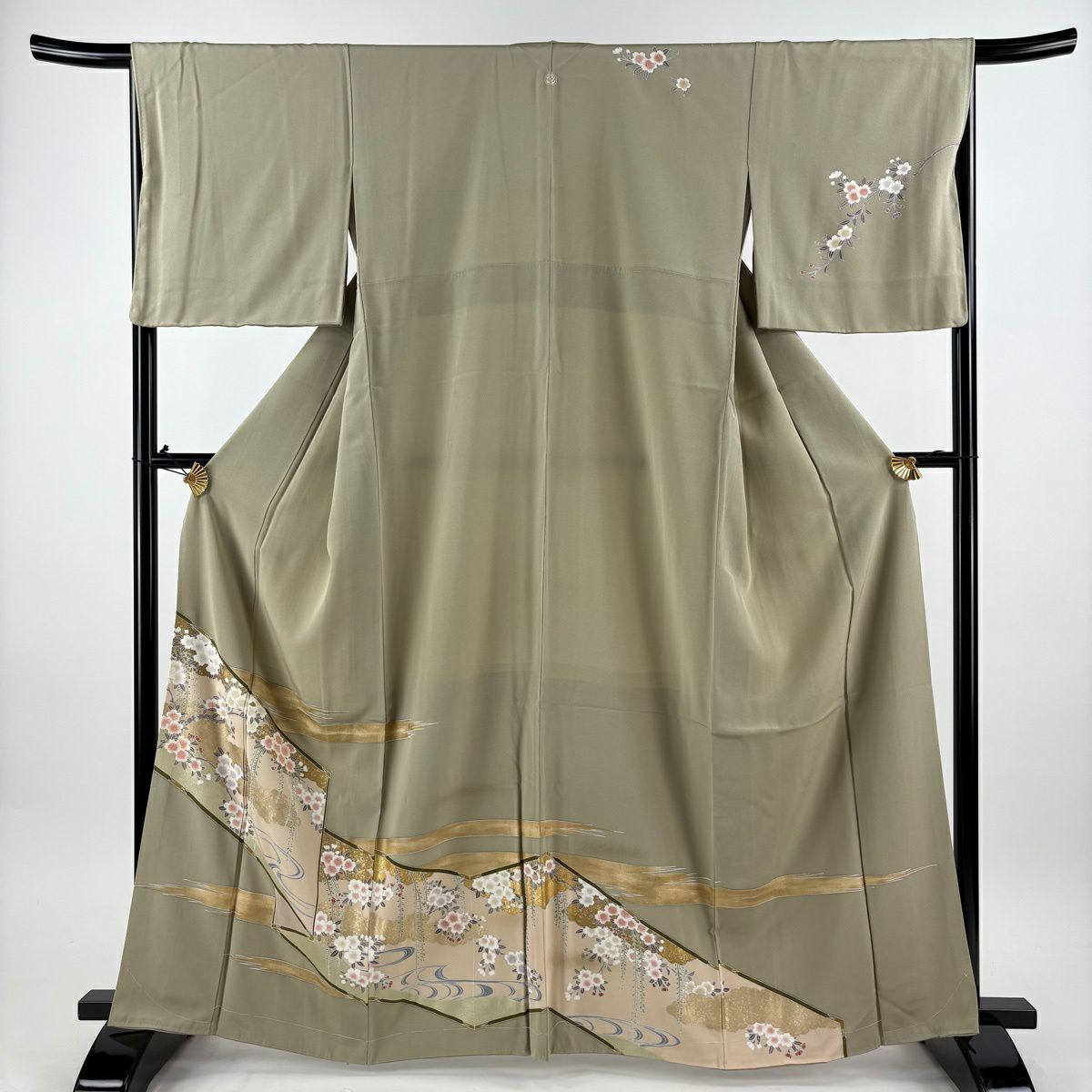 訪問着 身丈166cm 裄丈66cm M 袷 屏風 桜 金彩 灰緑 正絹 秀品 一つ紋