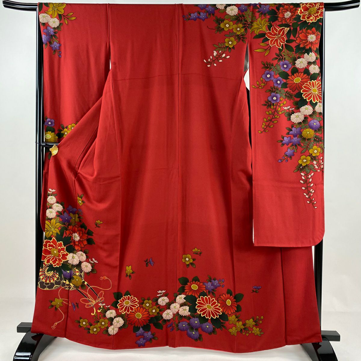 振袖 身丈165.5cm 裄丈67cm M 袷 花 蘭 銀通し 金彩 青緑 正絹 逸品 【中古】