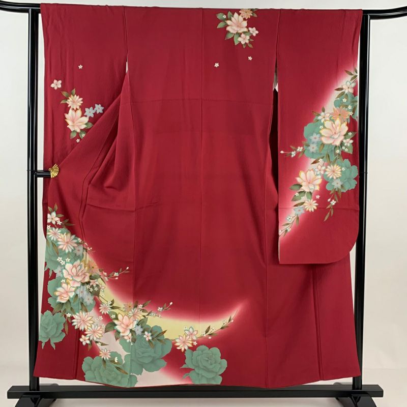 振袖 身丈165.5cm 裄丈70cm L 袷 地紋 赤 正絹 美品 名品 乳臭い 【