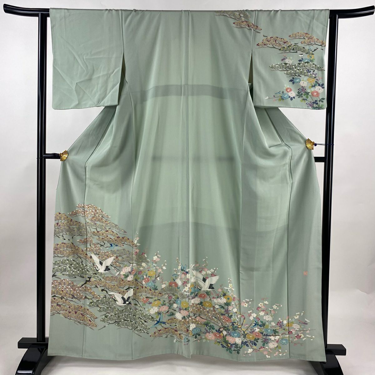 訪問着 着物 正絹 袷 金駒刺繍 縦段模様 桜 松葉 地模様 薄