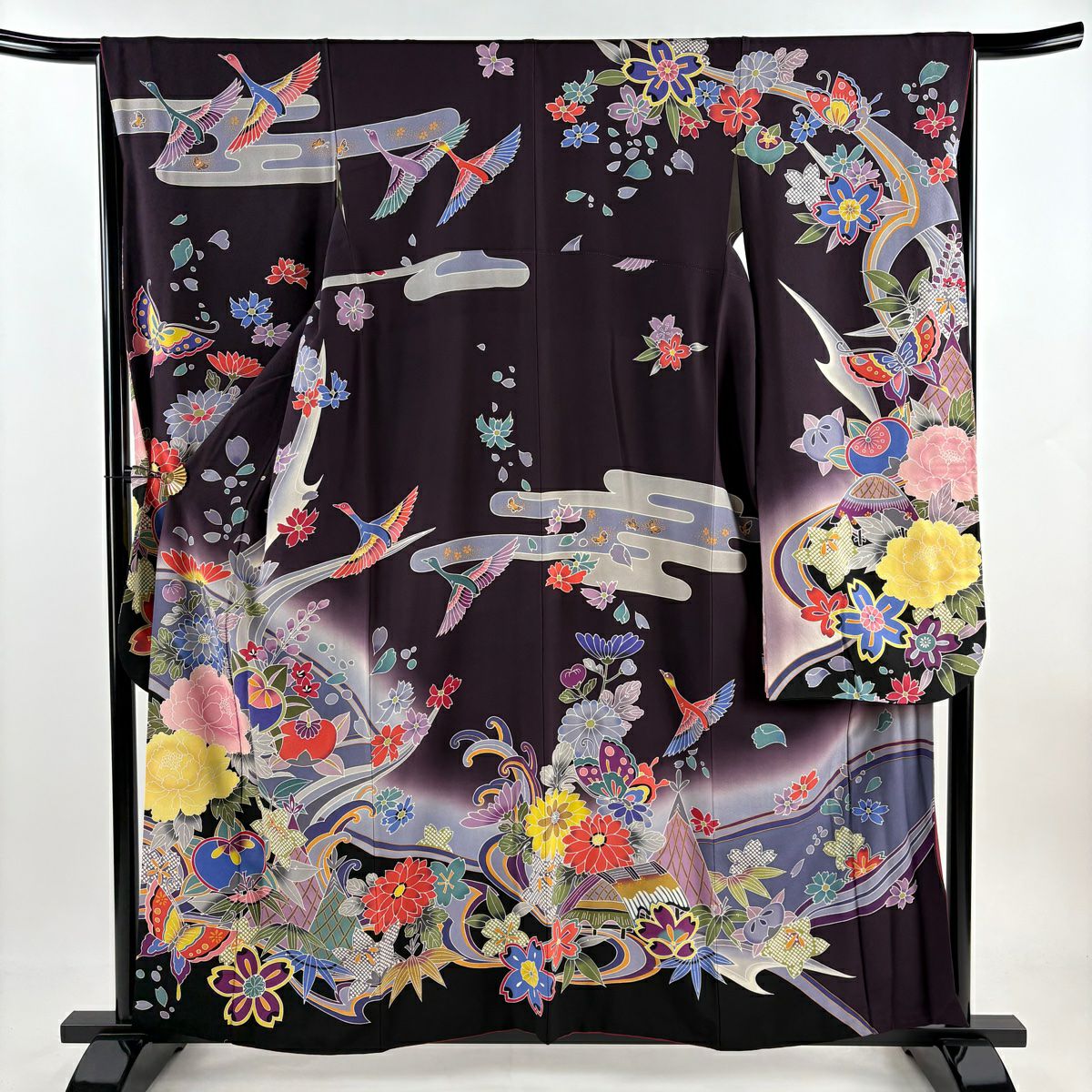 振袖 身丈180cm 裄丈73cm L 袷 雪輪 草花 金彩 刺繍 濃紫 正絹 名品