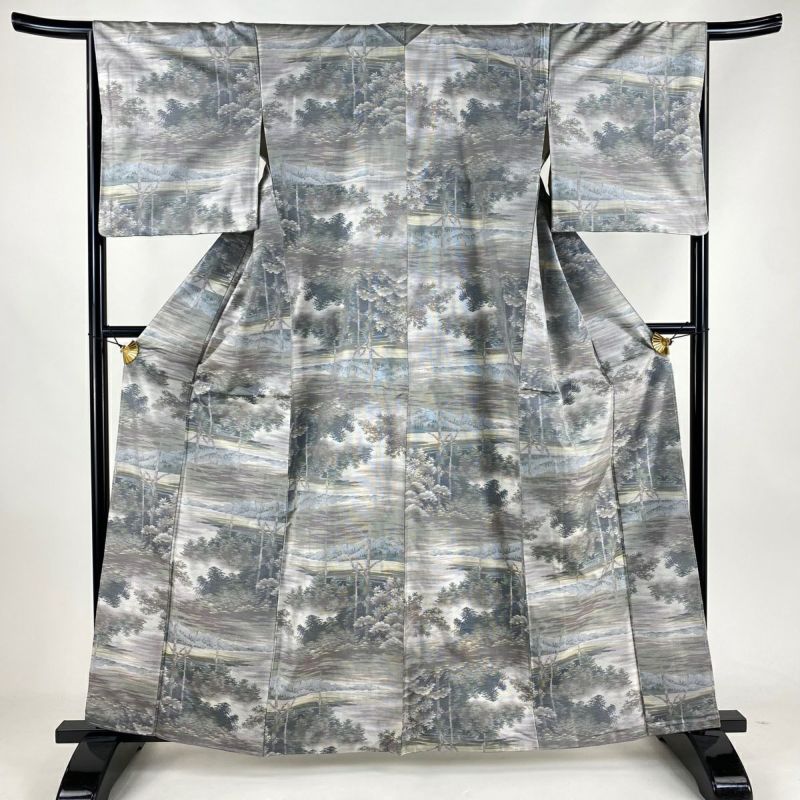紬 身丈162cm 裄丈66cm M 袷 樹木 霞 灰紫 正絹 美品 秀品|中古 紬 身丈162cm 裄丈66cm M 袷 樹木 霞 灰紫 正絹 美品 秀品|中古