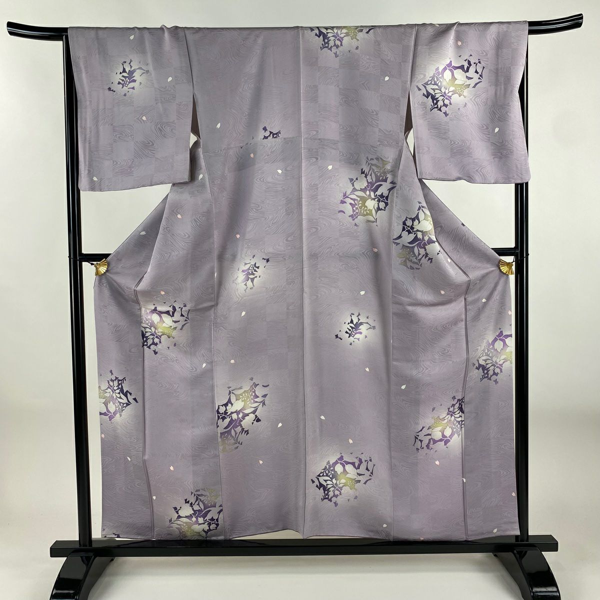 小紋 身丈154.5cm 裄丈62cm S 袷 桜 松皮菱 金彩 薄紫 正絹 秀品｜中古