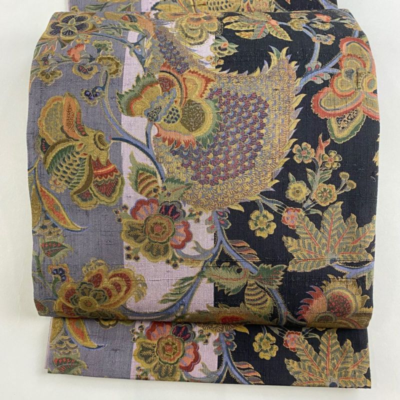 袋名古屋帯 美品 名品 鳥 花唐草 絞り ワイド 紫 六通 正絹 【中古】