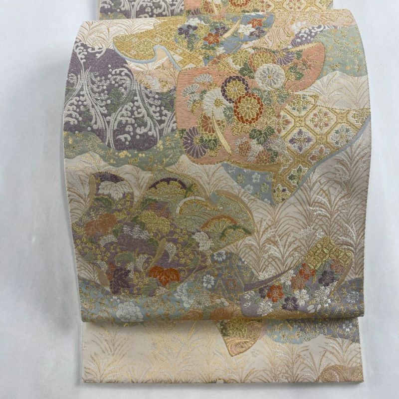 袋帯 金ベージュ 源氏雲 華文 六通柄 正絹 フォーマル 長さ432cm 美品