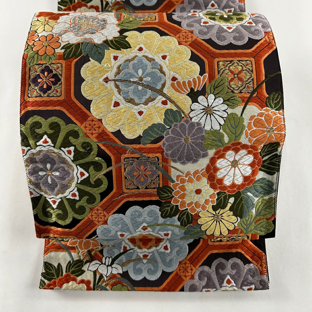 細帯　角帯　正絹全通袋帯より　新品未使用品 50％OFF 袋帯 美品 秀品 蜀江文 草花 唐織 箔 薄小豆 六通 正絹