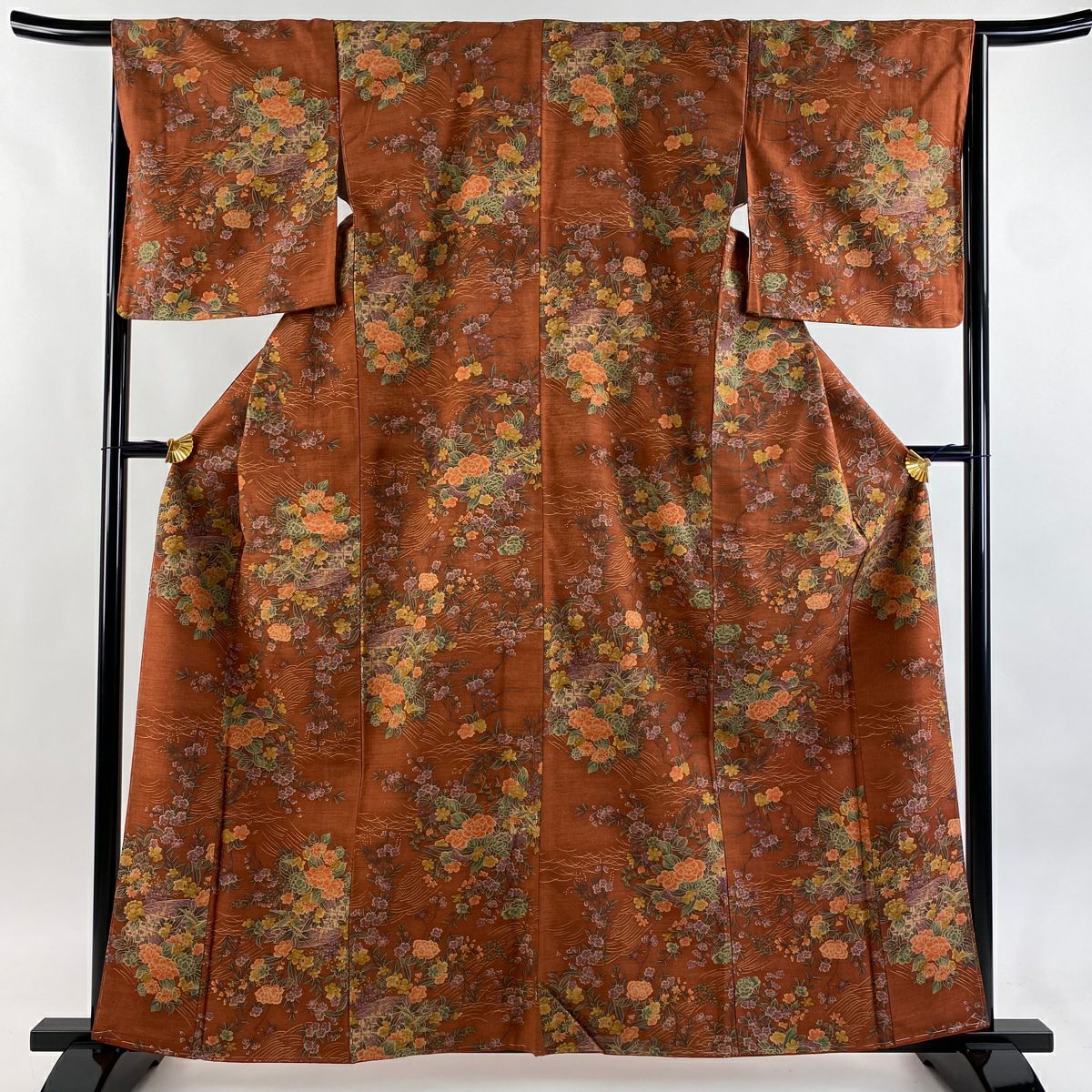 小紋 身丈162cm 裄丈66cm M 袷 草花 梅 金糸 刺繍 ピンクベージュ 正絹