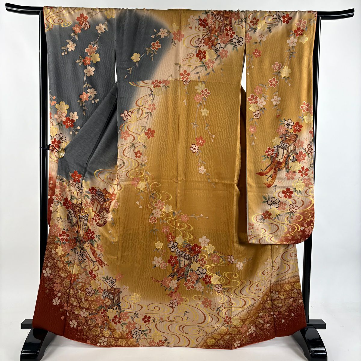 美品】 袋帯 秀品 鈴乃屋 桜 梅 金糸 箔 金茶 六通 正絹｜中古・古着