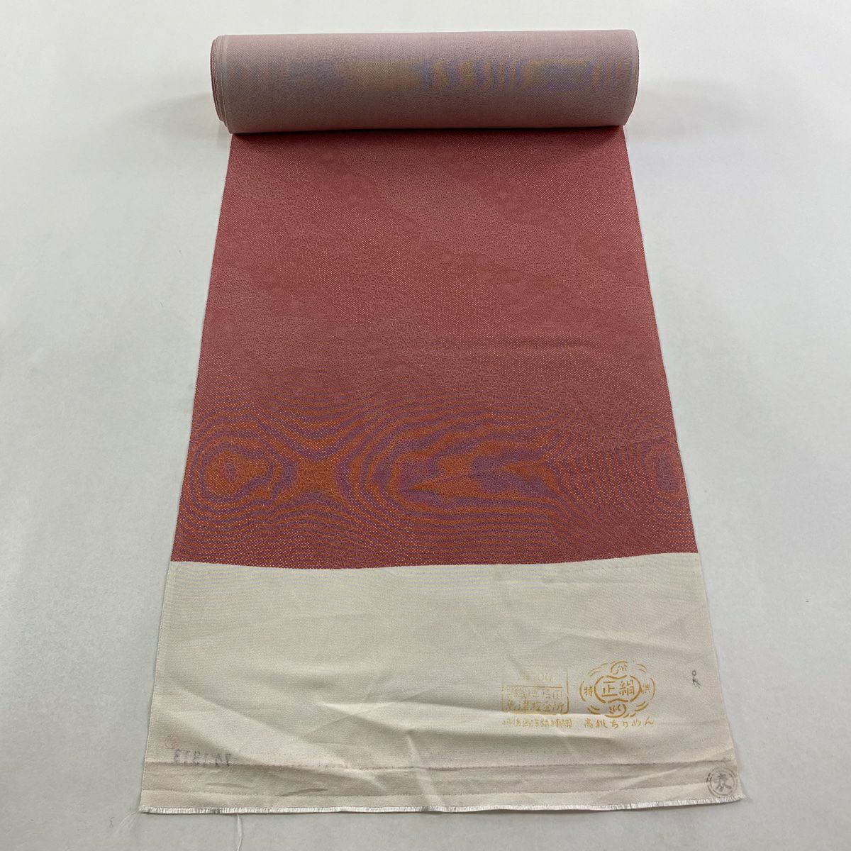 反物 名品 江戸小紋 落款有 保科信 よろけ縞 薄小豆 正絹｜中古・古着