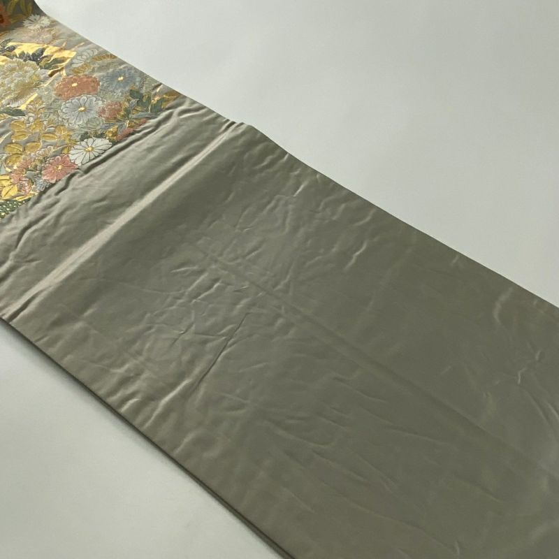 袋帯 秀品 草花 扇面 金糸 箔 灰色 六通 正絹|中古・古着 袋帯 秀品 草花 扇面 金糸 箔 灰色 六通 正絹|中古・古着