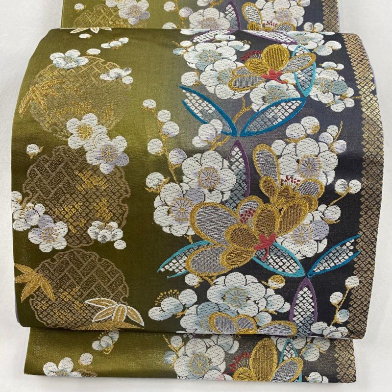 袋帯 秀品 梅 雪輪 金銀糸 唐織 鶯色 六通 正絹|中古・古着 袋帯 秀品 梅 雪輪 金銀糸 唐織 鶯色 六通 正絹|中古・古着