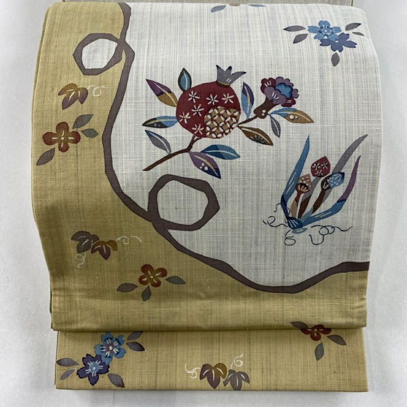 袋帯 美品 秀品 紬地 草花 金彩 ベージュ お太鼓柄 正絹|中古 袋帯 美品 秀品 紬地 草花 金彩 ベージュ お太鼓柄 正絹|中古