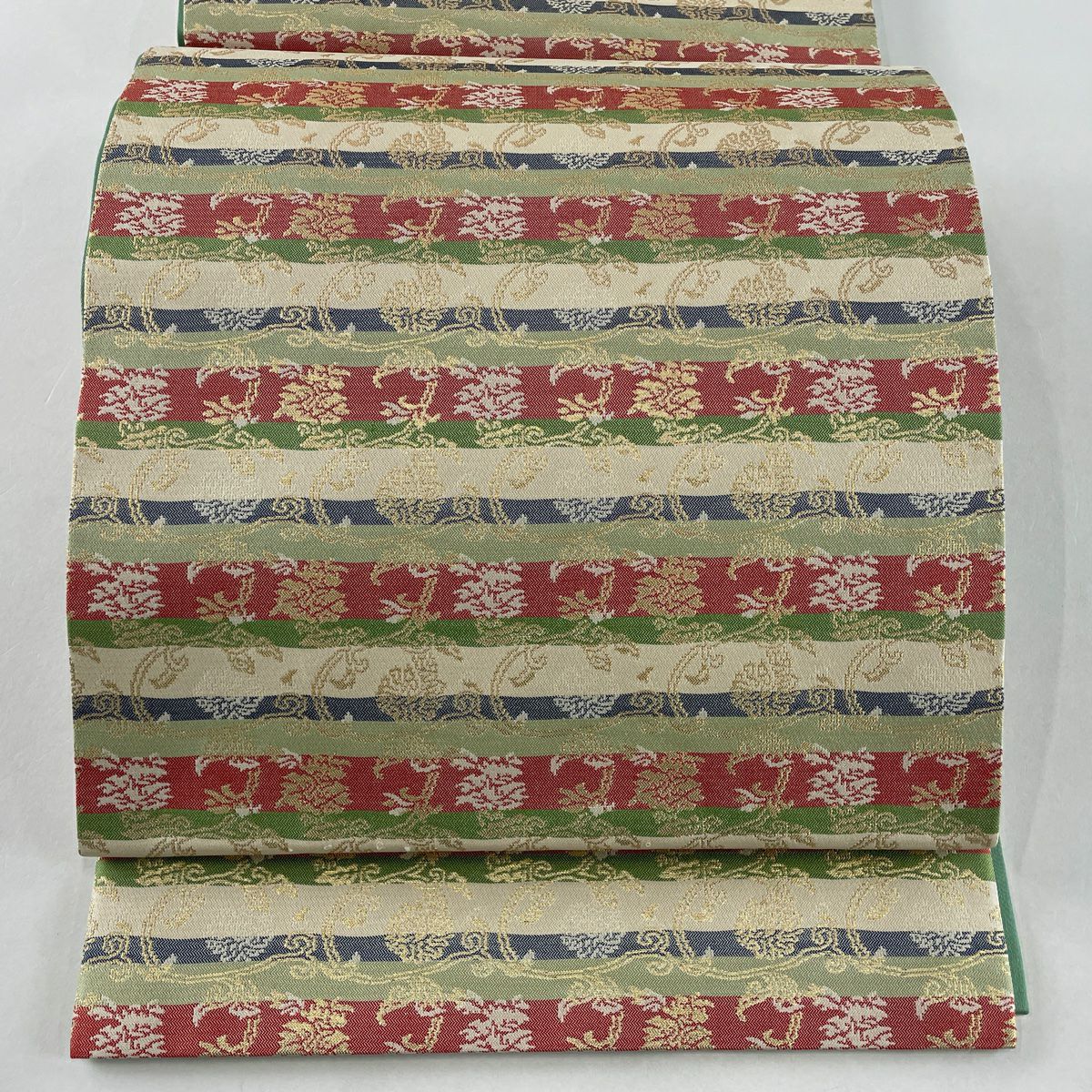 袋帯 美品 秀品 つづれ よろけ縞 箔 緑 全通 正絹|中古・古着 袋帯 美品 秀品 つづれ よろけ縞 箔 緑 全通 正絹|中古・古着