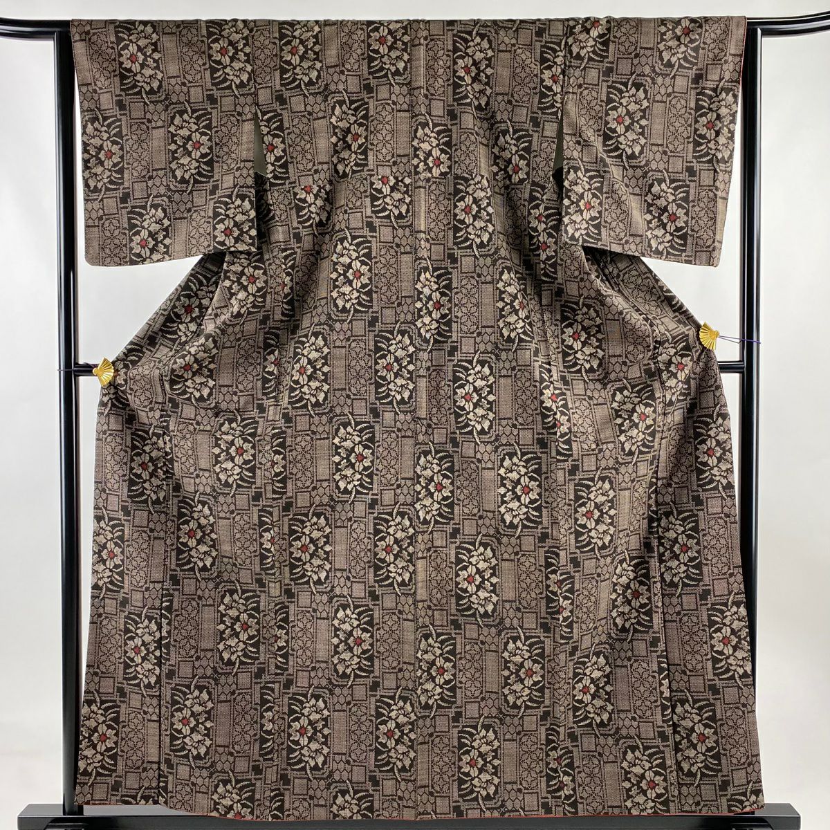 紬 身丈159.5cm 裄丈61.5cm S 単衣 縦縞 茶色 正絹 美品 秀品