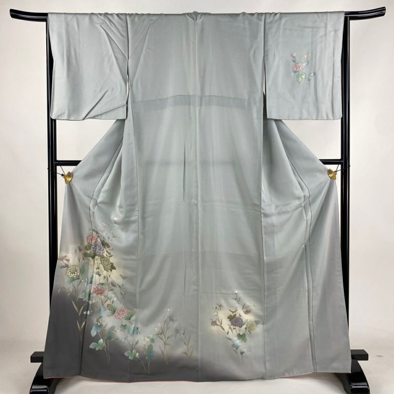 付下げ 身丈167cm 裄丈66cm M 袷 菊 牡丹 金銀彩 螺鈿 青灰色 付下げ 身丈167cm 裄丈66cm M 袷 菊 牡丹 金銀彩 螺鈿 青灰色