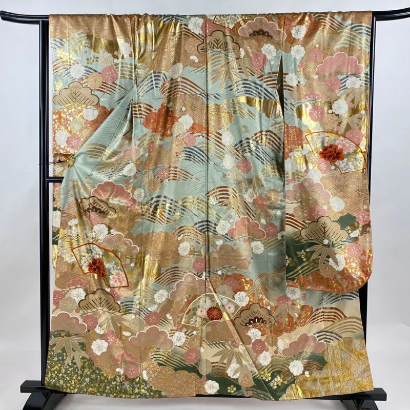 振袖 身丈160.5cm 裄丈66cm M 袷 扇面 松竹梅 金糸 金銀彩 灰緑 振袖 身丈160.5cm 裄丈66cm M 袷 扇面 松竹梅 金糸 金銀彩 灰緑
