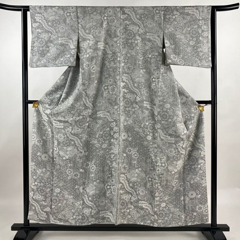 小紋 身丈155cm 裄丈62cm S 袷 紋意匠 草花 菱 灰色 正絹 名品 小紋 身丈155cm 裄丈62cm S 袷 紋意匠 草花 菱 灰色 正絹 名品