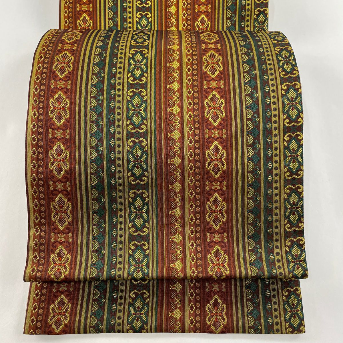 袋帯 美品 秀品 織悦 落款あり 紬地 縞 幾何学 オレンジ 全通 袋帯 美品 秀品 織悦 落款あり 紬地 縞 幾何学 オレンジ 全通