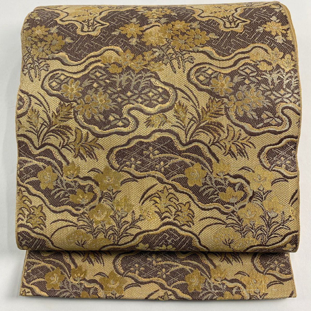 袋名古屋帯 秀品 扇 青海波 箔 金糸 薄茶色 正絹｜中古・古着