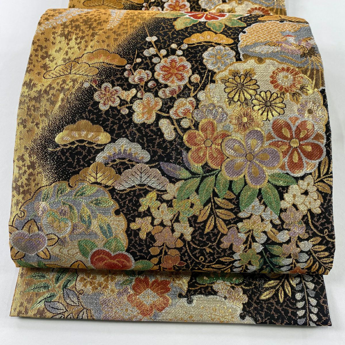 美品】 袋帯 秀品 松竹梅 箔 刺繍 緑 六通 正絹｜中古・古着