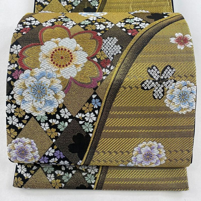 袋帯 美品 秀品 振袖向き 桜 斜縞 金糸 箔 金色 六通 正絹|中古 袋帯 美品 秀品 振袖向き 桜 斜縞 金糸 箔 金色 六通 正絹|中古