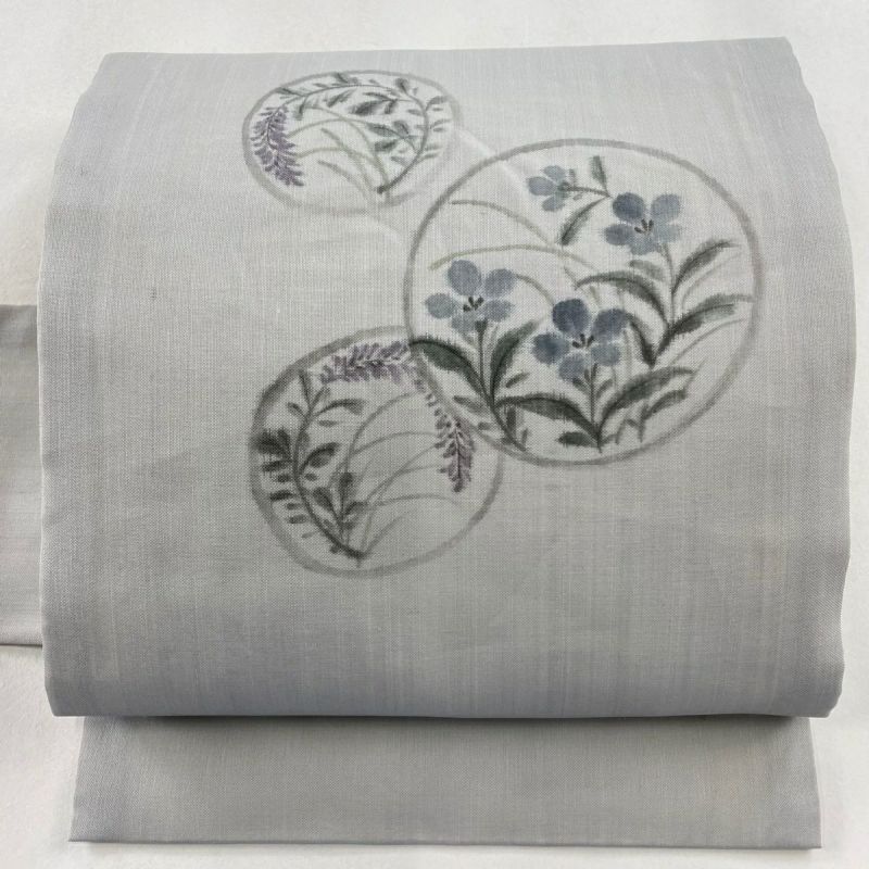 名古屋帯 秀品 落款あり 夏帯 夏紬地 草花 丸文 灰色 正絹|中古 名古屋帯 秀品 落款あり 夏帯 夏紬地 草花 丸文 灰色 正絹|中古