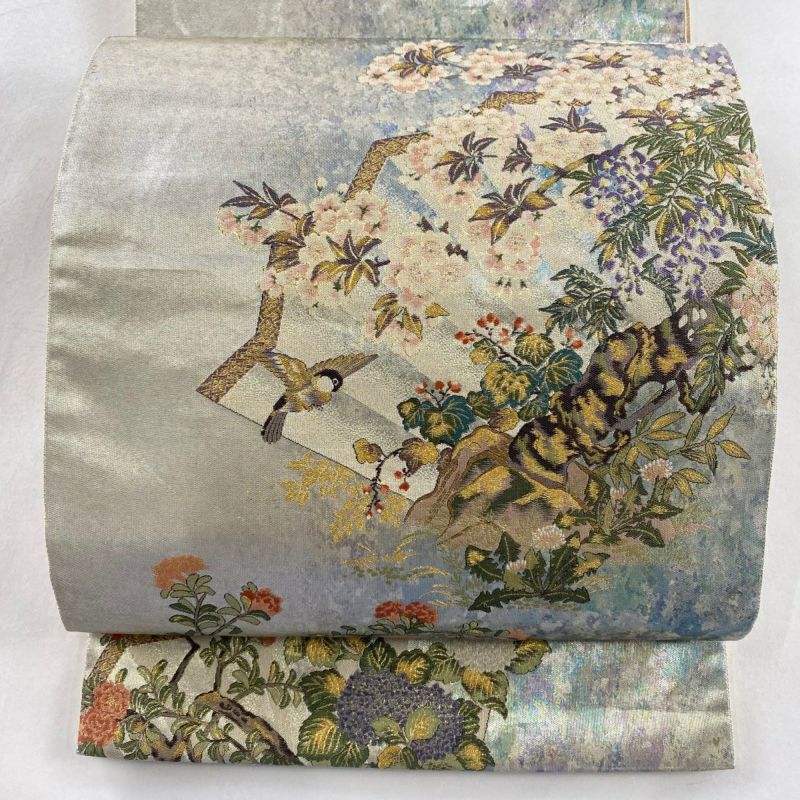 袋帯 秀品 扇面 花鳥 金糸 箔 銀色 お太鼓柄 正絹|中古・古着 袋帯 秀品 扇面 花鳥 金糸 箔 銀色 お太鼓柄 正絹|中古・古着