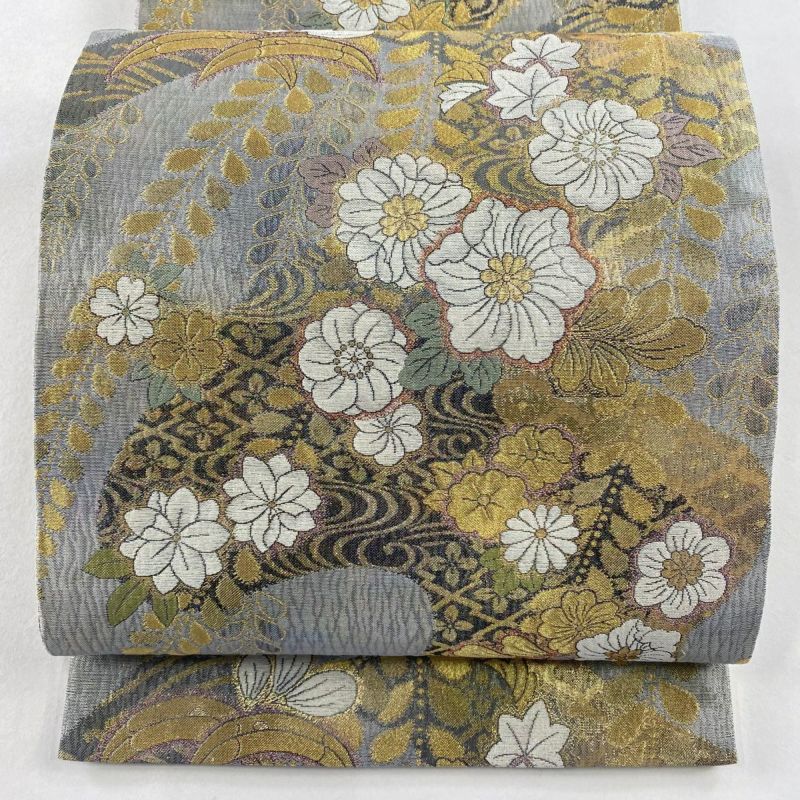 袋帯 美品 秀品 辻が花柄 流水 金糸 ラメ糸 灰色 六通 正絹 袋帯 美品 秀品 辻が花柄 流水 金糸 ラメ糸 灰色 六通 正絹