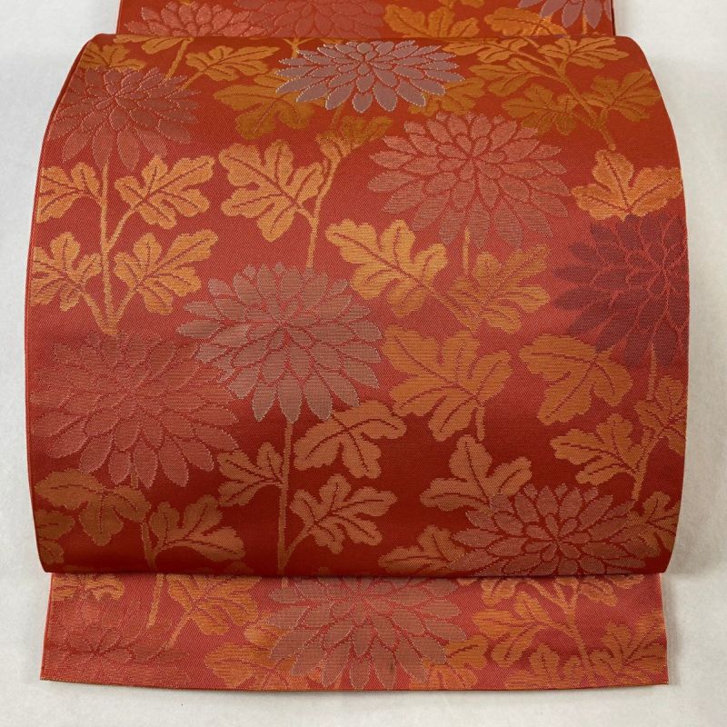 袋帯 美品 秀品 織悦 落款あり 関西仕立て 菊 箔 朱色 全通 正絹 袋帯 美品 秀品 織悦 落款あり 関西仕立て 菊 箔 朱色 全通 正絹