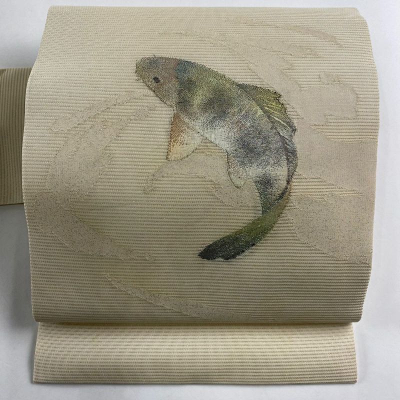 名古屋帯 秀品 夏帯 絽 鯉 水面 金銀糸 クリーム 正絹|中古 名古屋帯 秀品 夏帯 絽 鯉 水面 金銀糸 クリーム 正絹|中古