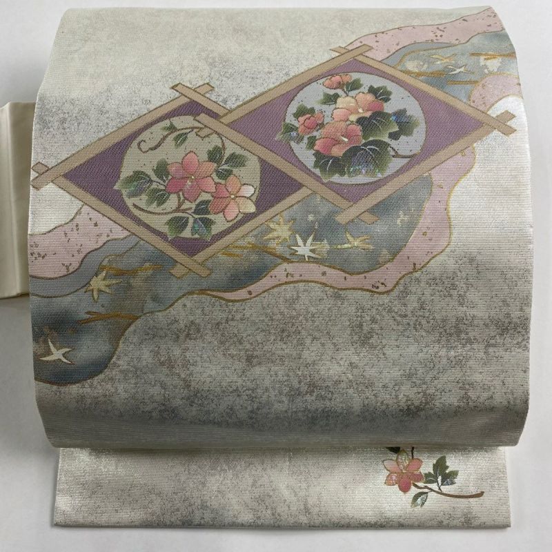 名古屋帯 秀品 草花 吹き寄せ 螺鈿箔 箔 銀色 正絹|中古・古着 名古屋帯 秀品 草花 吹き寄せ 螺鈿箔 箔 銀色 正絹|中古・古着