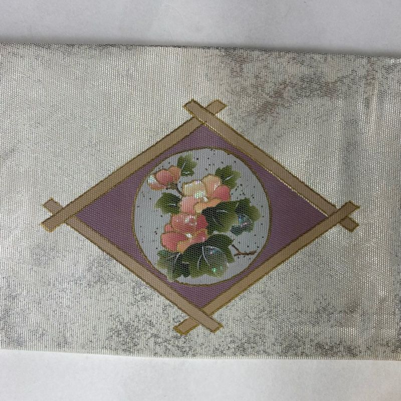 名古屋帯 秀品 草花 吹き寄せ 螺鈿箔 箔 銀色 正絹|中古・古着 名古屋帯 秀品 草花 吹き寄せ 螺鈿箔 箔 銀色 正絹|中古・古着