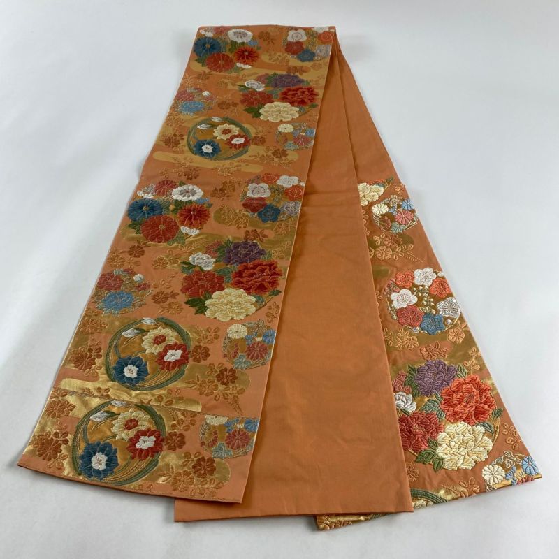 袋帯 秀品 関西仕立て 花丸文 ヱ霞 唐織 箔 オレンジ 六通 正絹 袋帯 秀品 関西仕立て 花丸文 ヱ霞 唐織 箔 オレンジ 六通 正絹