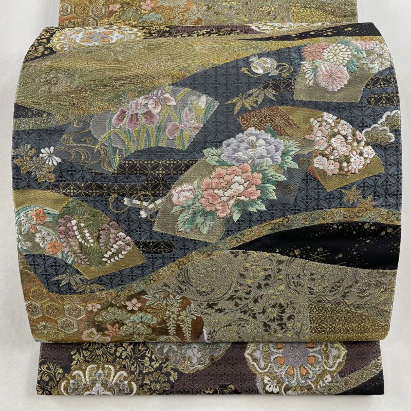 袋帯 秀品 扇面 松竹梅 箔 刺繍 青灰色 六通 正絹|中古・古着 袋帯 秀品 扇面 松竹梅 箔 刺繍 青灰色 六通 正絹|中古・古着