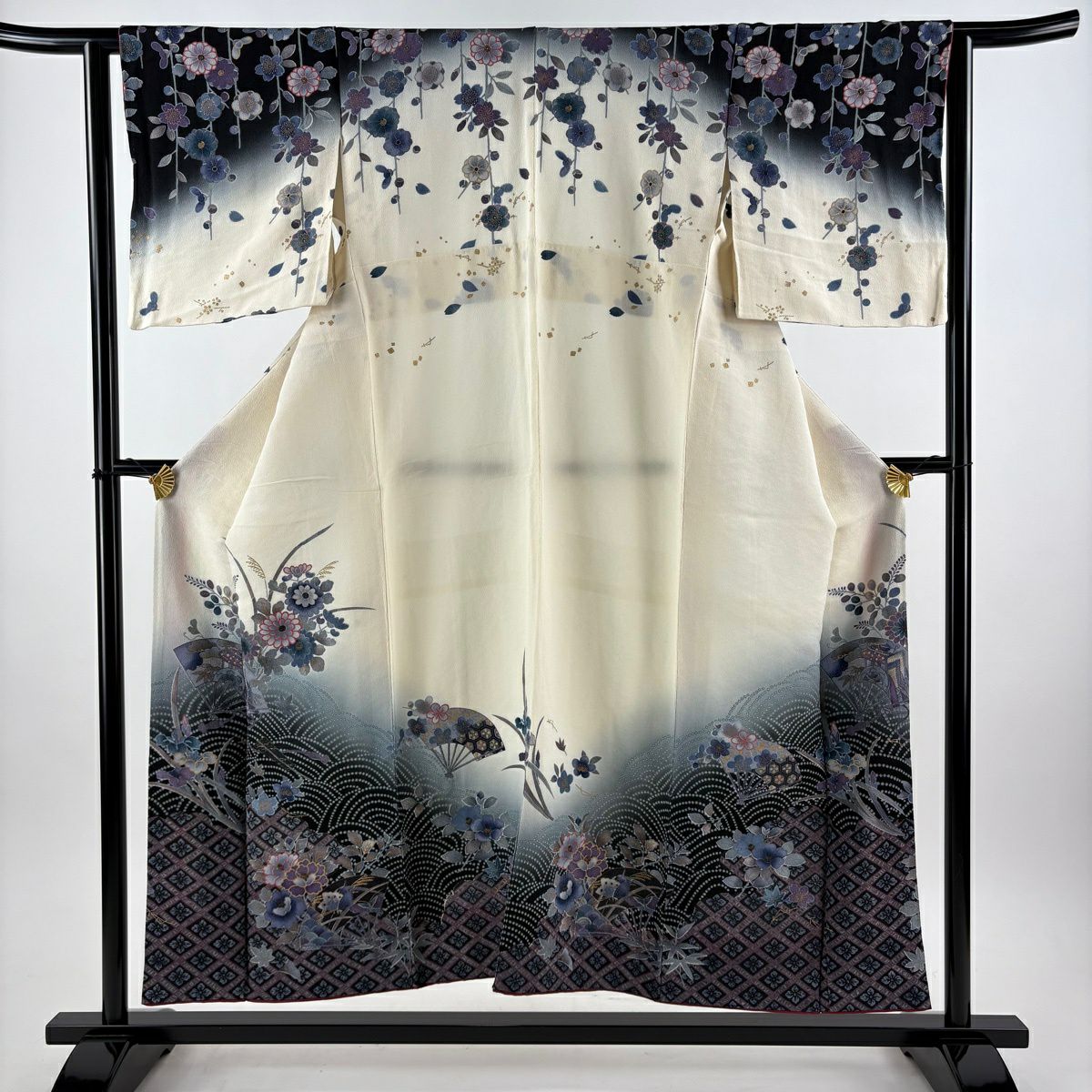 訪問着 身丈151cm 裄丈62.5cm S 袷 菊 扇 金彩 染分け クリーム 正絹
