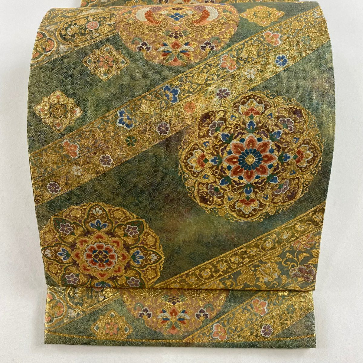 袋帯 美品 秀品 蜀江華文 花喰い鳥 箔 刺繍 深緑 六通 正絹 ｜中古