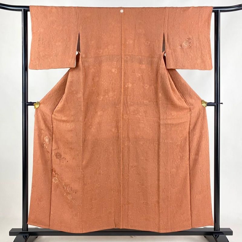 付下げ 身丈155.5cm 裄丈61.5cm S 袷 草花 地紋 刺繍 オレンジ 付下げ 身丈155.5cm 裄丈61.5cm S 袷 草花 地紋 刺繍 オレンジ